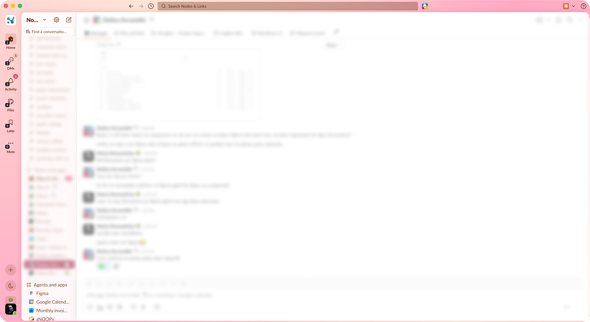 Slack reference with private conversation content blurred and navigation visible